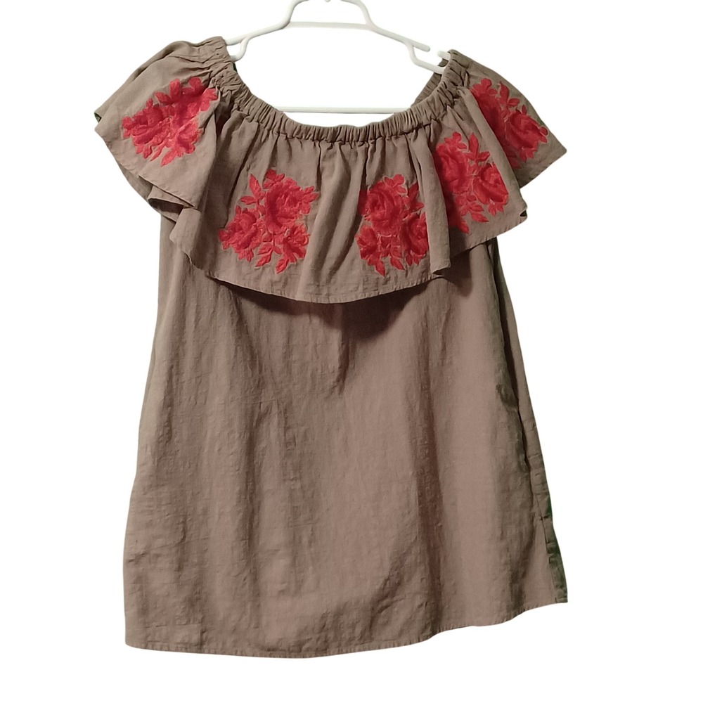 Lela Sky Off Shoulder‎ Floral Embroidered Ruffle Blouse Taupe Brown Red Boho